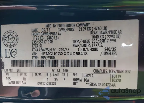 2013 Ford Escape Se из США, поврежденный, VIN 1FMCU9GXXDUD58418